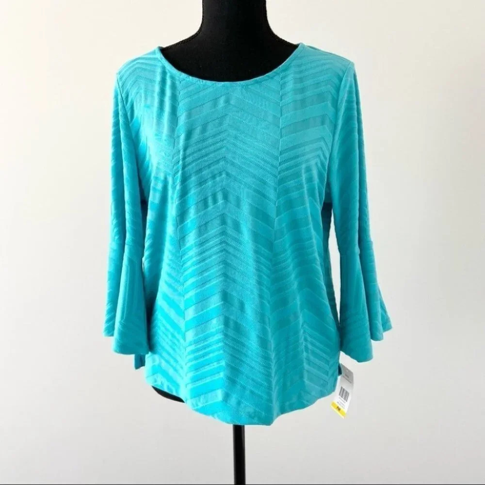 NWT TanJay Aqua Watercolour Bell Sleeve Top